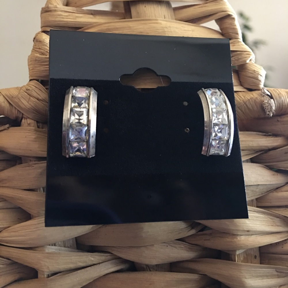 Vintage silver tone square rhinestone half hoops
